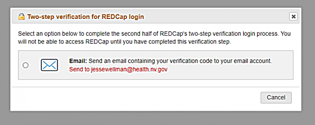 REDCap Two Factor Authentication dialog